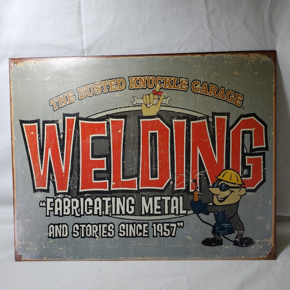 The Busted Knuckle Garage Vtg Welding  Since 1957 Distressed Metal Tin Retro